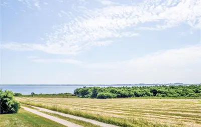 a dirt road through a field with the ocean in the background at Holiday Home Limfjordsvangen Snedsted Vi in Snedsted