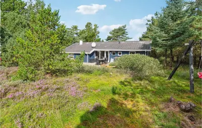 a blue house in the middle of a field at Holiday Home Revlingestien Fjerritslev V in Fjerritslev
