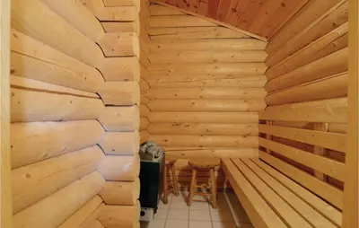 a sauna with wooden walls and a table and chairs at Holiday Home Lyngbjergvej Vi in Fjerritslev