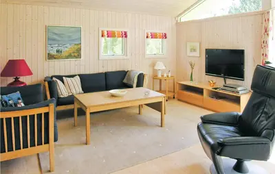 a living room with a couch and a tv at Holiday Home Revlingestien Fjerritslev Denm in Fjerritslev