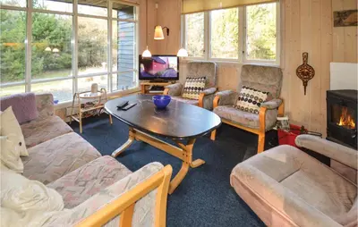 a living room with couches and a table and a fireplace at Jydehuset in Fjerritslev