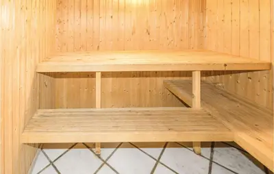 a wooden shelf inside of a sauna at Stunning Home In Saltum With Sauna in Saltum