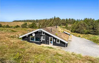 a black house with a grass roof on a hill at Awesome Home In Blokhus With Wifi in Blokhus
