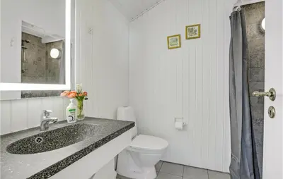 a white bathroom with a sink and a toilet at Awesome Home In Blokhus With Wifi in Blokhus