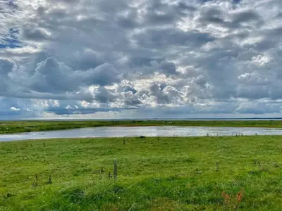 a field with a river and a cloudy sky at 6 person holiday home in Vinderup-By Traum in Vinderup