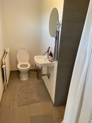 a bathroom with a toilet and a sink and a mirror at Viking Surf House in Klitmøller