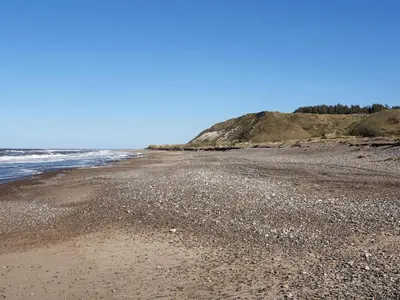 a beach with a rocky shoreline and the ocean at 6 person holiday home in Brovst-By Traum in Brovst