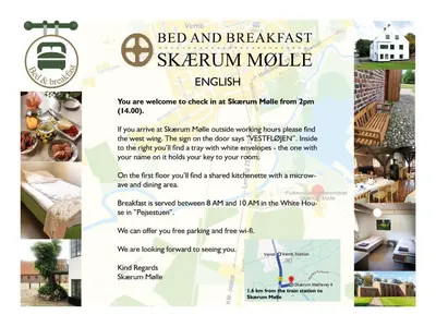 a flyer for a bed and breakfast skeenham mobile event at Skærum Mølle in Vemb