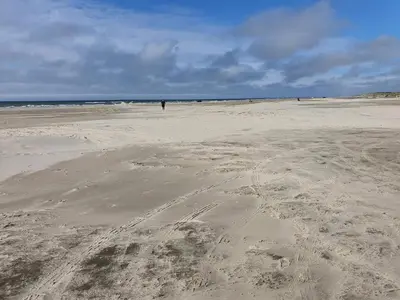 a beach with a person standing on the sand at 6 person holiday home in Løkken-By Traum in Løkken