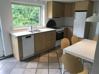 a kitchen with a sink and a refrigerator and a table at Sommerhus på Mors in Øster Assels