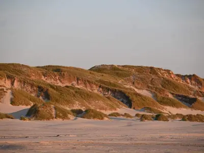 a sandy hill with grass on it next to a beach at 6 person holiday home in Saltum-By Traum in Saltum