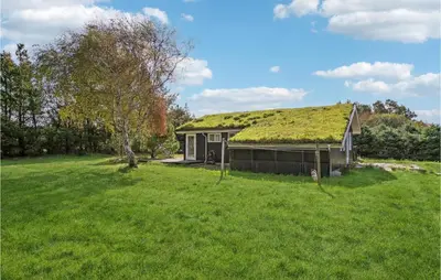 a house with a green roof with a grassy yard at 3 Bedroom Cozy Home In Blokhus in Blokhus