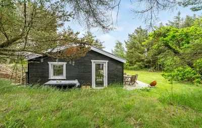 a small black house in the middle of a field at Stunning Home In Thisted With Wifi in Thisted