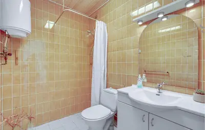 a bathroom with a toilet and a sink and a mirror at Amazing Home In Vestervig With Sauna in Vestervig