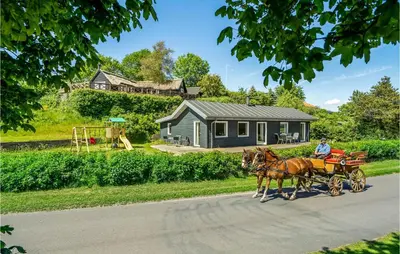 a couple of horses pulling a carriage down a street at Cozy Home In Farsø With Sauna in Farsø