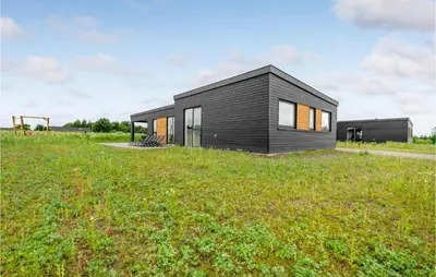 a small black house on a grassy field at 4 Bedroom Awesome Home In Løgstrup in Løgstrup