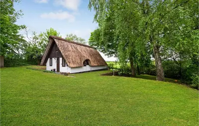 a barn with a thatched roof in a field of grass at Beautiful Home In Løgstrup With Wifi in Løgstrup