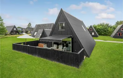 a black house with a black roof on a green field at 2 Bedroom Cozy Home In Farsø in Farsø