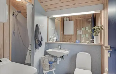 a bathroom with a sink and a toilet and a mirror at 3 Bedroom Amazing Home In Pandrup in Pandrup