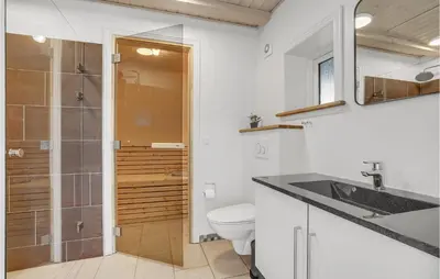 a bathroom with a toilet and a sink and a shower at Stunning Home In Harboøre With Sauna in Harboør