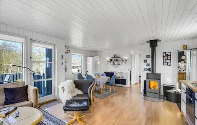 a living room with a couch and a fireplace at 4 Bedroom Stunning Home In Thyholm in Thyholm