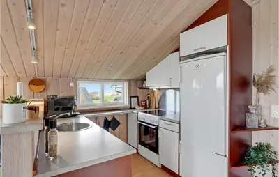 a kitchen with white appliances and a wooden ceiling at Stunning Home In Lemvig With Wifi in Lemvig