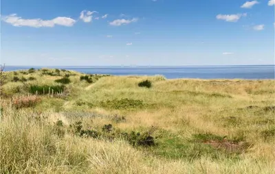 a field of grass with the ocean in the background at Lovely Home In Hanstholm With Wifi in Hanstholm