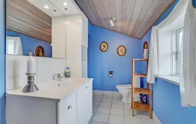 a bathroom with blue walls and a wooden ceiling at Gorgeous Home In Lemvig With Wifi in Lemvig