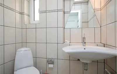 a bathroom with a sink and a toilet and a mirror at Holiday Home Egebækvej in Blokhus