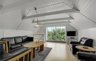 a living room with leather furniture and a tv at Amazing Home In Vestervig With Sauna in Vestervig