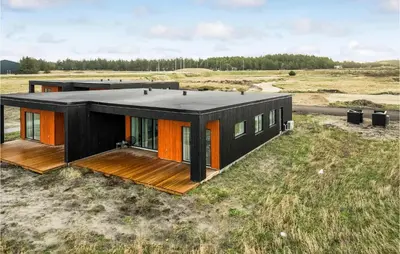 a house with a black roof on a field at Beautiful Home In Thisted With Wifi in Thisted