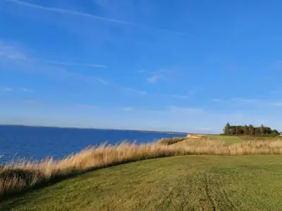 a grassy hill next to a body of water at Modern Cottage with Spa - By Traum Ferienwohnungen in Vinderup