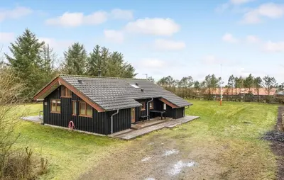 a small black house in a grassy field at Amazing Home In Spøttrup With Kitchen in Spottrup