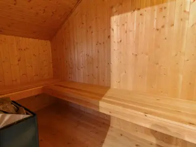 a sauna with wooden walls and a wooden floor at Holiday Home Egidia - 50m from the sea by Interhome in Lemvig