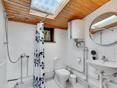 a bathroom with a toilet and a sink and a mirror at Holiday Home Suki - 650m from the sea by Interhome in Torsted