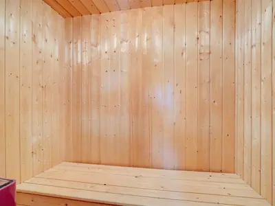 a sauna with wooden walls and a wooden floor at Holiday Home Rosali - 500m from the sea by Interhome in Torsted