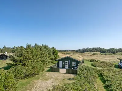 a small green cottage in a field with trees at Holiday Home Elsabet - 750m from the sea by Interhome in Løkken