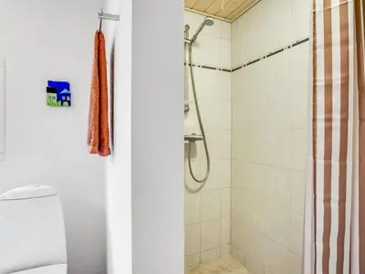 a bathroom with a shower and a toilet at Holiday Home Vetle - 2-8km from the sea by Interhome in Blokhus