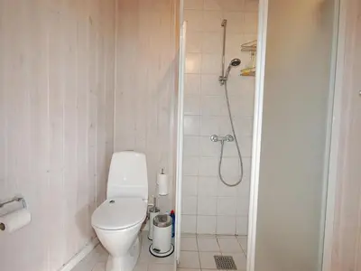 a bathroom with a toilet and a shower at Holiday Home Tomke - 1-7km from the sea by Interhome in Blokhus