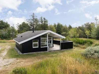 a black house in a field with trees at Holiday Home Anahi - 3km from the sea by Interhome in Blokhus