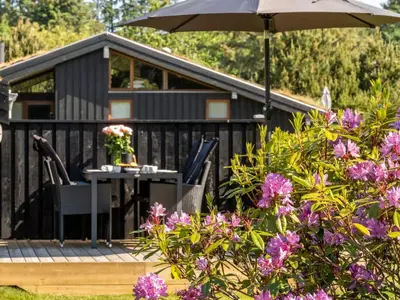 a black cabin with a table and an umbrella at Holiday Home Ingimar - 2-2km from the sea by Interhome in Blokhus