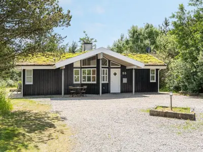 a small black house with a grass roof at Holiday Home Bina - 1-9km from the sea by Interhome in Blokhus