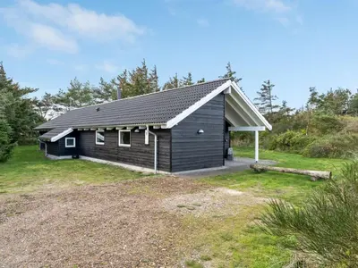 a black house with a white roof on a field at Holiday Home Alhed - 650m from the sea by Interhome in Saltum