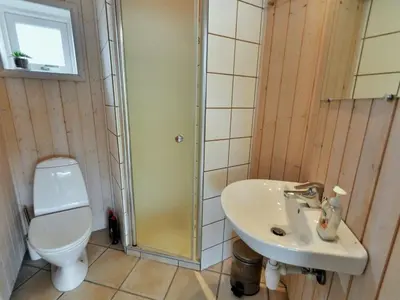 a bathroom with a toilet and a sink and a shower at Holiday Home Hadar - 100m from the sea by Interhome in Saltum