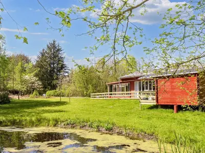 a red house in a field next to a pond at 4 person holiday home in Højslev-By Traum in Højslev