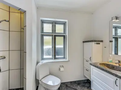 a bathroom with a toilet and a sink and a window at Holiday Home Sophia - 8km from the sea by Interhome in Thisted