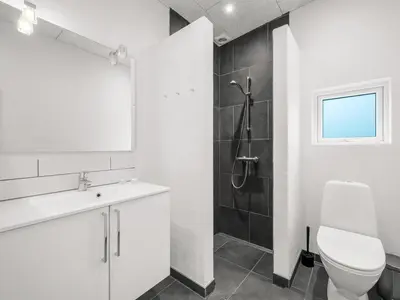 a bathroom with a toilet and a sink and a shower at Holiday Home Jarven - 500m to the fjord by Interhome in Højslev