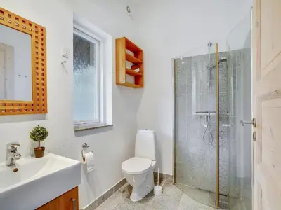 a bathroom with a shower and a toilet and a sink at Holiday Home Elis - 90m to the fjord by Interhome in Roslev