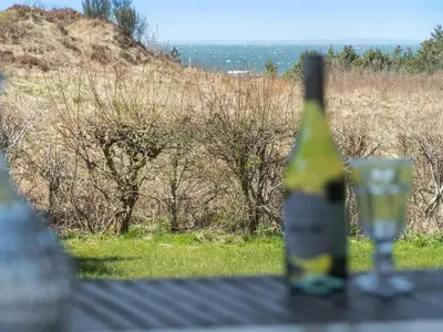 a bottle of wine sitting on a table with a glass at Holiday Home Josefiina - 450m to the fjord by Interhome in Løgsted