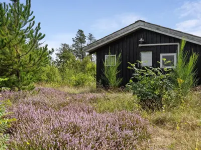 a small black cabin in a field of purple flowers at Holiday Home Asmo - 350m from the sea by Interhome in Fjerritslev